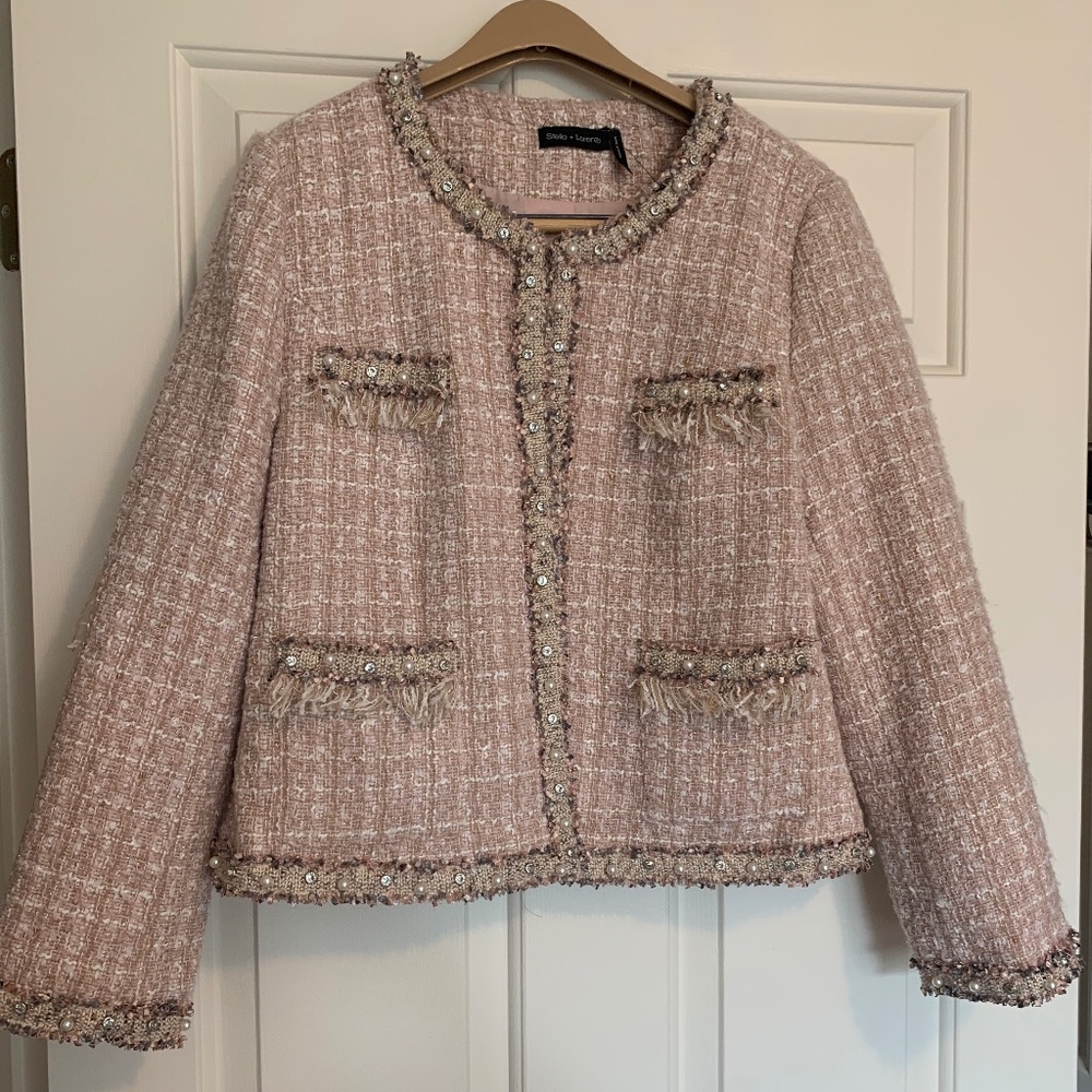 Stella & Lorenzo Women's Large Pink Tweed Embellished Blazer